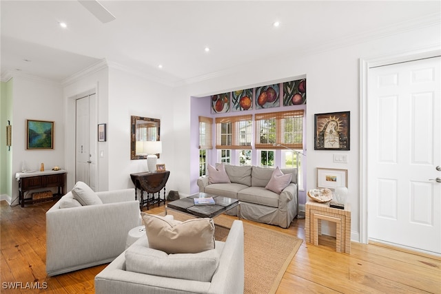 living room with light hardwood / wood-style floors and crown molding