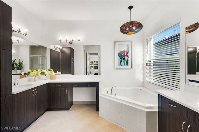 bathroom featuring vanity, tile patterned floors, and plus walk in shower