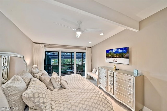 bedroom featuring access to outside, vaulted ceiling with beams, ceiling fan, and light wood-type flooring