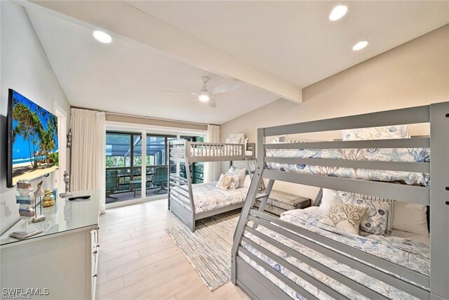 bedroom featuring vaulted ceiling with beams, ceiling fan, access to exterior, and light wood-type flooring