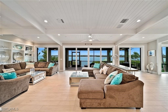 living room with beamed ceiling, ceiling fan, light wood-type flooring, and wood ceiling