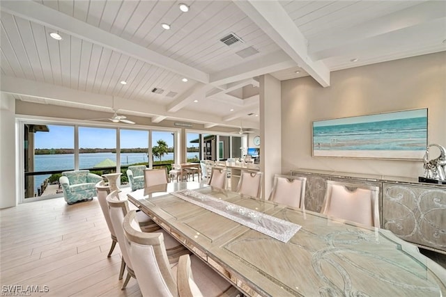 dining space with a water view, ceiling fan, beamed ceiling, light hardwood / wood-style floors, and wood ceiling