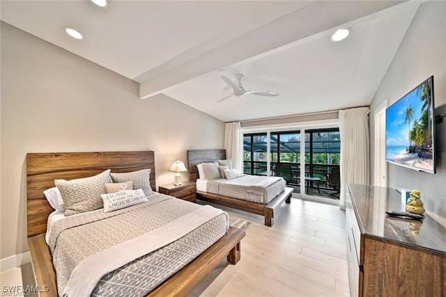 bedroom featuring access to exterior, ceiling fan, light hardwood / wood-style floors, and vaulted ceiling with beams