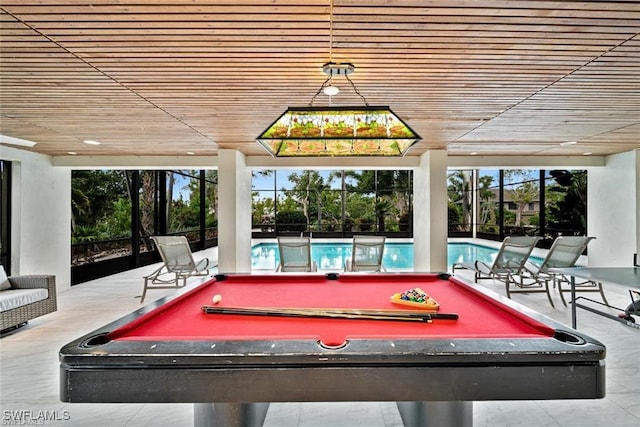 recreation room featuring wooden ceiling and pool table