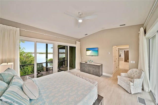 bedroom featuring ceiling fan, light wood-type flooring, lofted ceiling, and access to outside