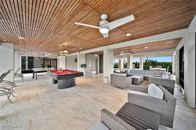 recreation room featuring ceiling fan, wood ceiling, and pool table