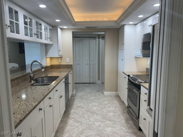 kitchen featuring stone counters, white cabinetry, sink, a tray ceiling, and appliances with stainless steel finishes