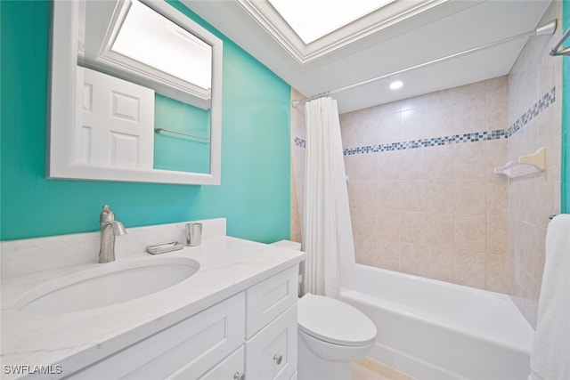 full bathroom featuring shower / bath combination with curtain, toilet, and vanity