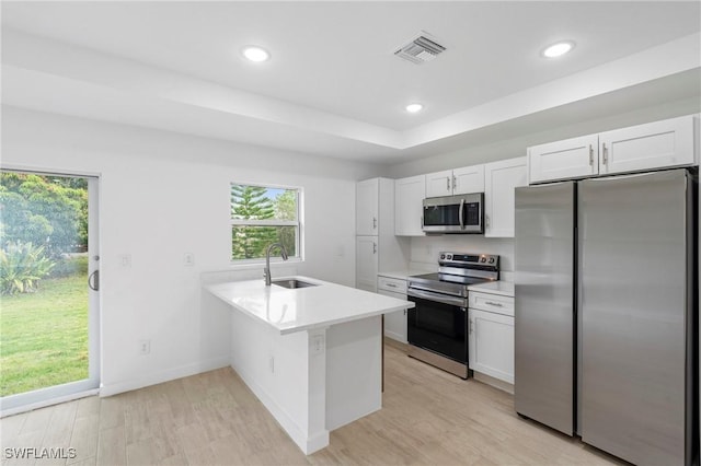 kitchen with kitchen peninsula, appliances with stainless steel finishes, white cabinets, and sink