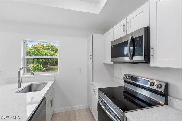 kitchen featuring sink, stainless steel appliances, white cabinets, and light stone countertops