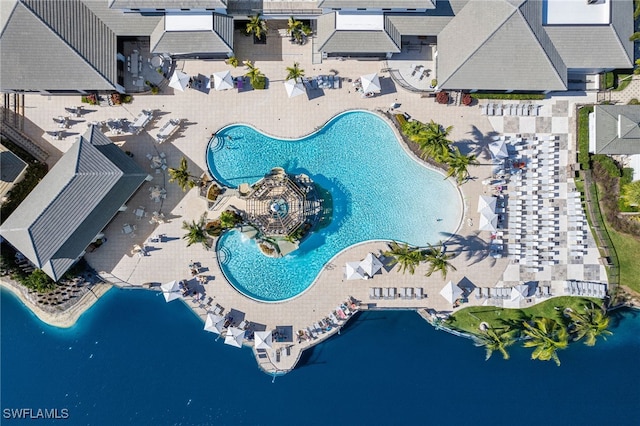 drone / aerial view featuring a water view