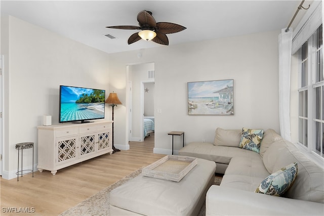 living room with ceiling fan and wood-type flooring