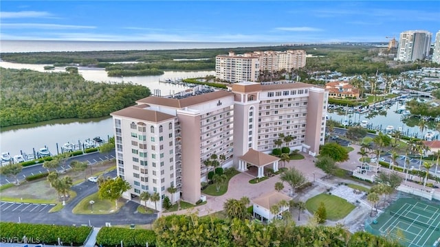 drone / aerial view with a water view