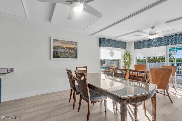 dining space with ceiling fan, a healthy amount of sunlight, and light hardwood / wood-style floors