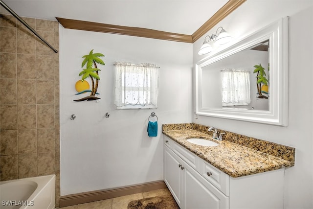 bathroom with tile patterned flooring, vanity, tiled shower / bath combo, and ornamental molding