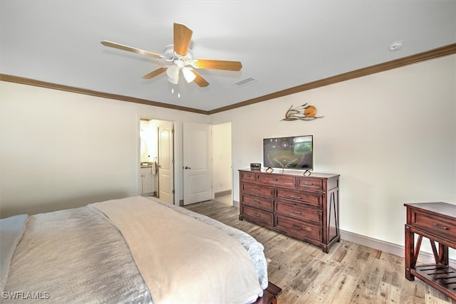 bedroom with ensuite bath, ceiling fan, crown molding, and light wood-type flooring