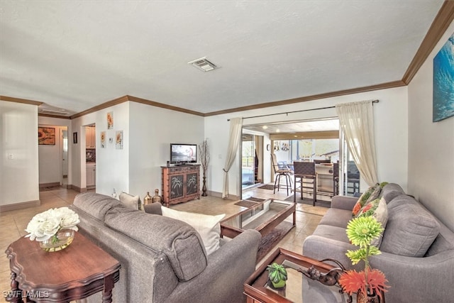 tiled living room with crown molding