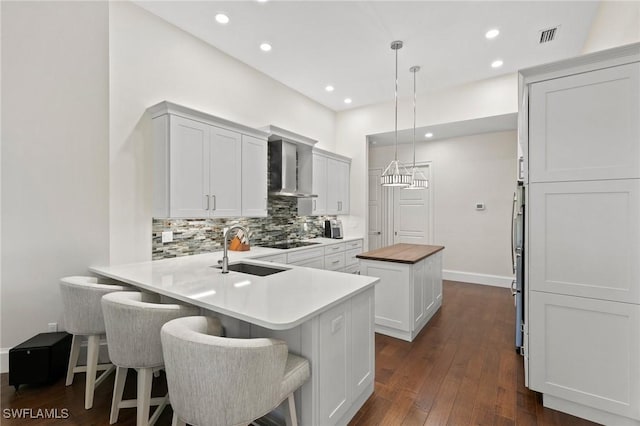 kitchen featuring wall chimney exhaust hood, dark wood-type flooring, sink, white cabinetry, and hanging light fixtures