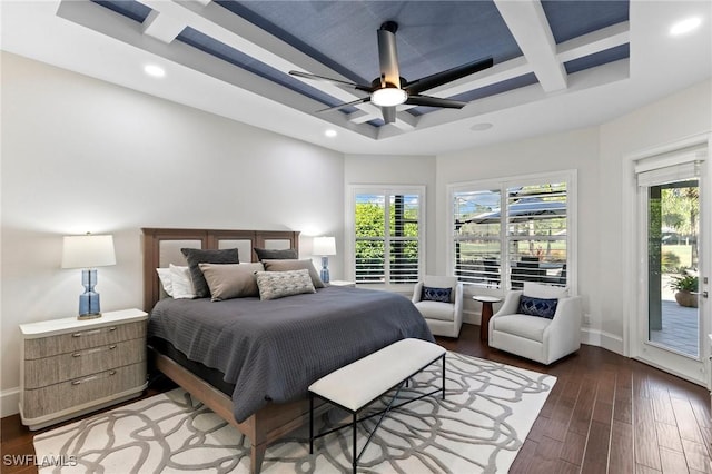 bedroom featuring hardwood / wood-style floors, ceiling fan, and access to exterior