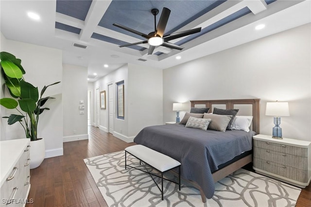 bedroom featuring ceiling fan and dark wood-type flooring