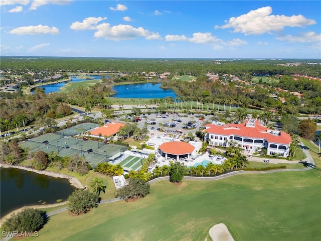 birds eye view of property featuring a water view