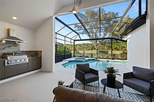 view of swimming pool featuring ceiling fan and a grill