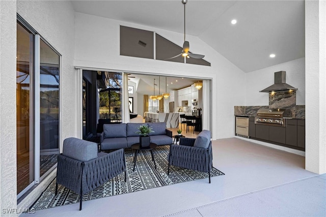 view of patio with outdoor lounge area, an outdoor kitchen, ceiling fan, and a grill