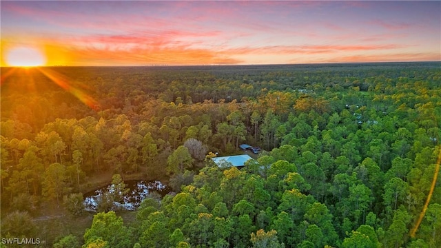 aerial view at dusk featuring a water view