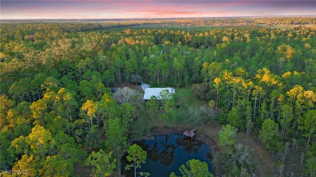 aerial view at dusk featuring a water view