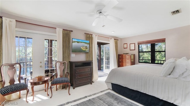 bedroom with ceiling fan, carpet floors, access to outside, and french doors