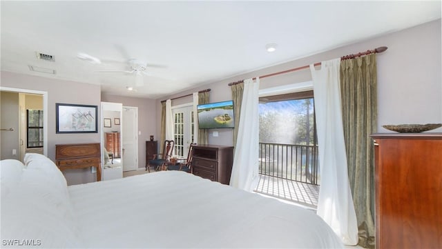 bedroom featuring access to exterior and ceiling fan