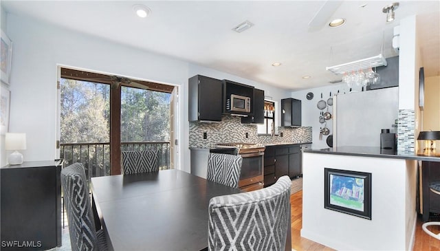 kitchen featuring decorative backsplash, stainless steel appliances, and light hardwood / wood-style flooring