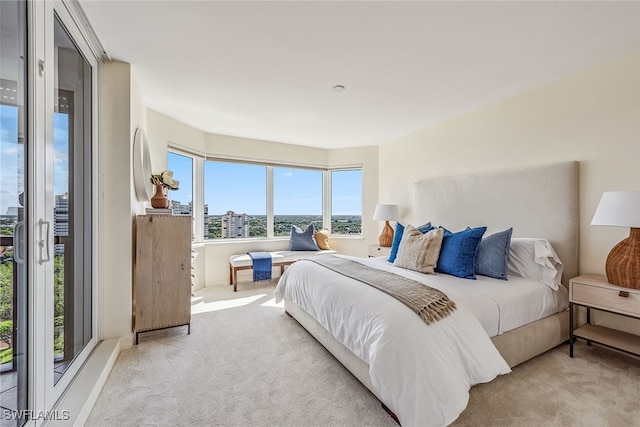 bedroom with light carpet