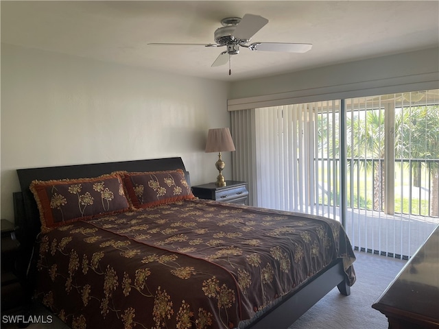 bedroom featuring carpet flooring, access to exterior, and ceiling fan