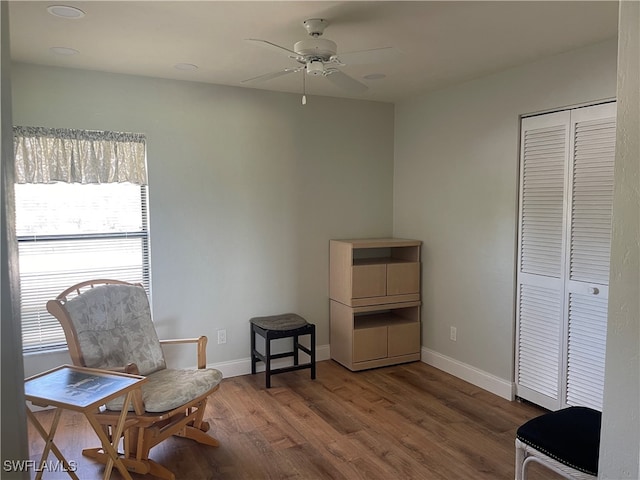 living area with ceiling fan and wood-type flooring