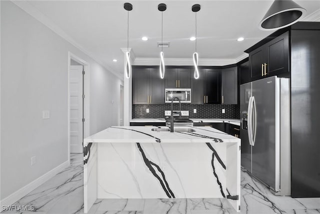 kitchen featuring decorative backsplash, stainless steel appliances, light stone counters, and ornamental molding