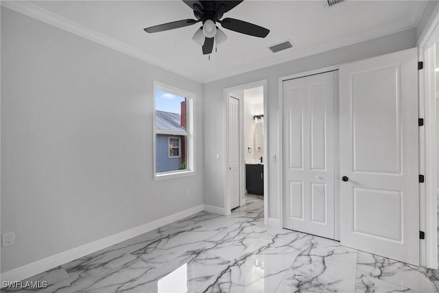 unfurnished bedroom with ceiling fan, a closet, and ornamental molding