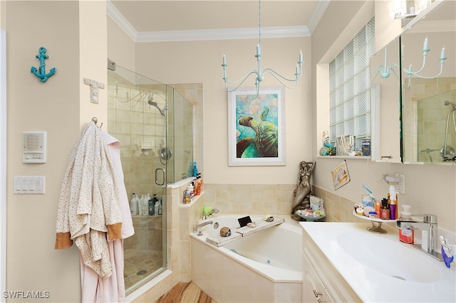 bathroom with shower with separate bathtub, vanity, and crown molding