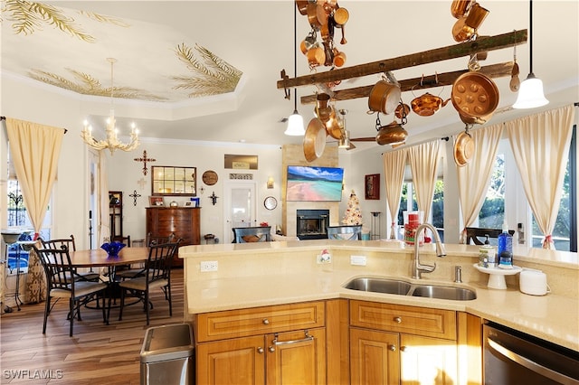 kitchen with a large fireplace, sink, dark wood-type flooring, stainless steel dishwasher, and ornamental molding