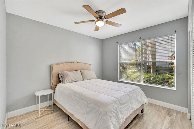 bedroom with ceiling fan and light hardwood / wood-style flooring