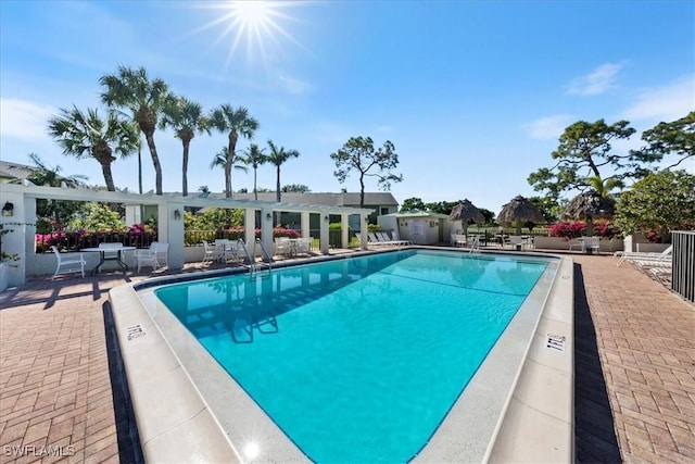 view of swimming pool featuring a patio