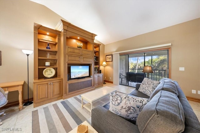 tiled living room featuring built in shelves and vaulted ceiling