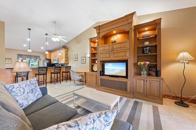 living room with built in features, light tile patterned floors, vaulted ceiling, and ceiling fan