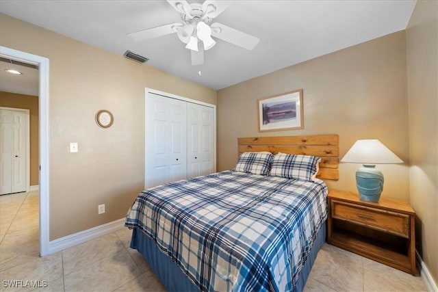 bedroom featuring ceiling fan, light tile patterned floors, and a closet