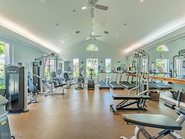 exercise room with high vaulted ceiling and ceiling fan