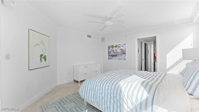 tiled bedroom featuring ceiling fan and ornamental molding