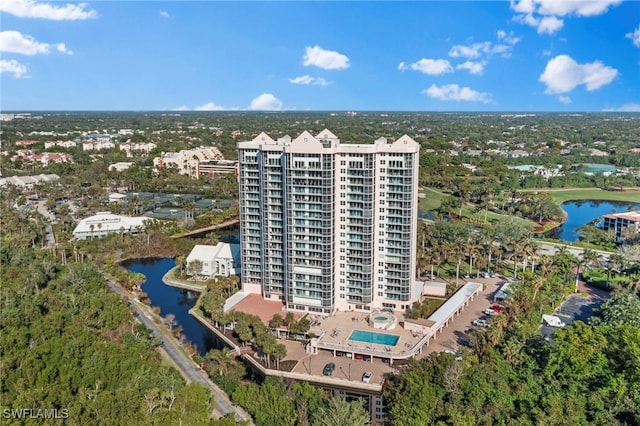 drone / aerial view with a water view