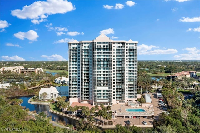 view of building exterior featuring a water view