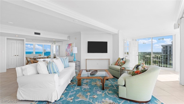 tiled living room featuring crown molding