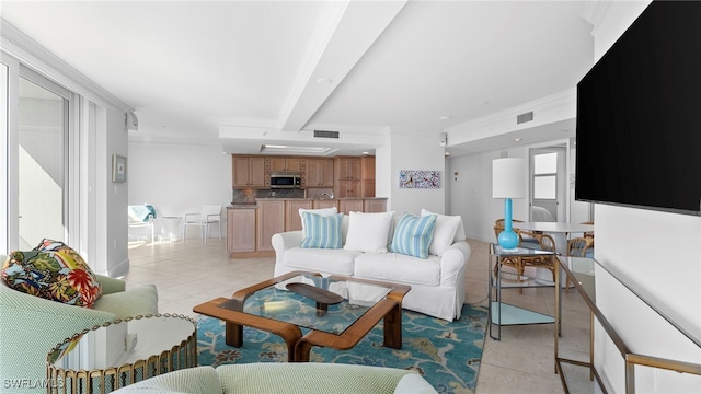 tiled living room featuring beam ceiling and crown molding